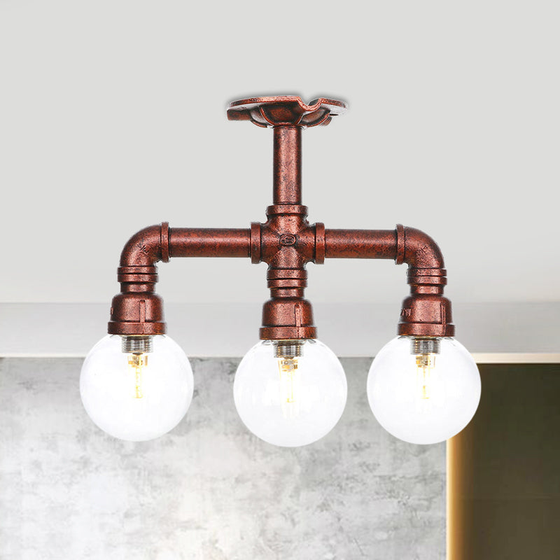 Rustic Global Semi-Flush Ceiling Fixture 3/4-Light Clear Glass Flush Mount Lighting in Copper Clearhalo 'Ceiling Lights' 'Close To Ceiling Lights' 'Close to ceiling' 'Glass shade' 'Glass' 'Semi-flushmount' Lighting' 756596