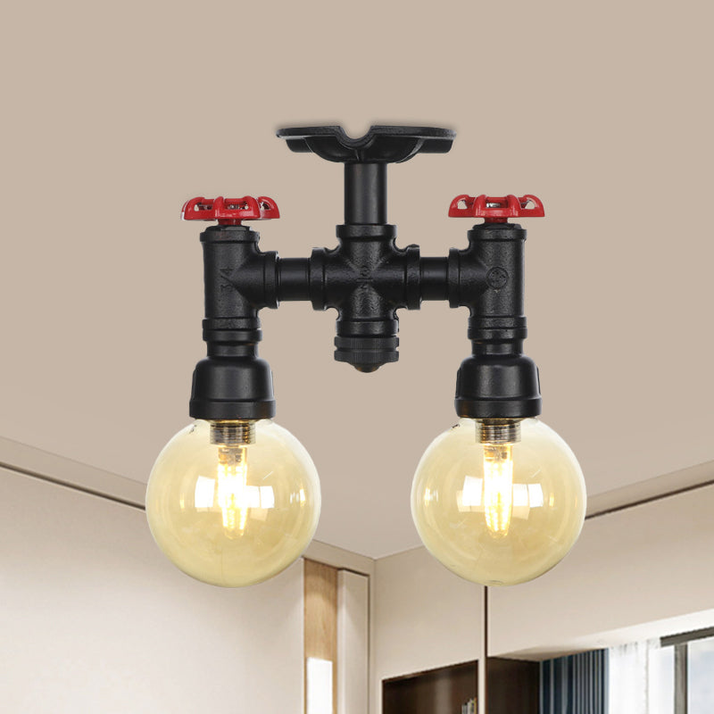 2-Head Semi-Flush Ceiling Fixture Industrial Ball Amber Glass Flush Mount Lighting in Black Clearhalo 'Ceiling Lights' 'Close To Ceiling Lights' 'Close to ceiling' 'Glass shade' 'Glass' 'Semi-flushmount' Lighting' 756701