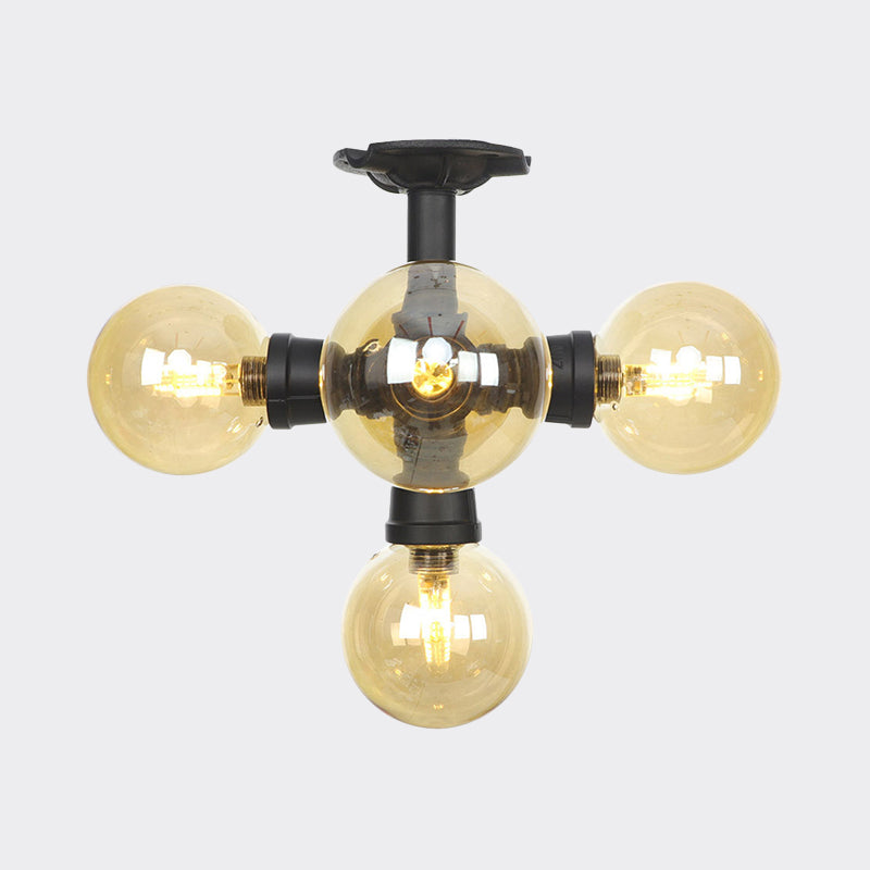 Black Ball Semi-Flush Ceiling Light Industrial Amber Glass 4/5/6-Light Foyer LED Flushmount Clearhalo 'Ceiling Lights' 'Close To Ceiling Lights' 'Close to ceiling' 'Glass shade' 'Glass' 'Semi-flushmount' Lighting' 756736