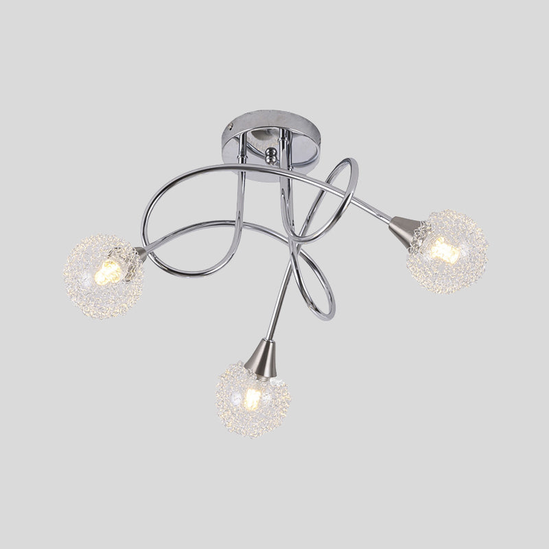 Ball Clear Glass Semi Flush Light Fixture Modern 3-Light Chrome Twist LED Flush Ceiling Lamp with Aluminum Silk Ball Shade Clearhalo 'Ceiling Lights' 'Close To Ceiling Lights' 'Close to ceiling' 'Glass shade' 'Glass' 'Semi-flushmount' Lighting' 757142