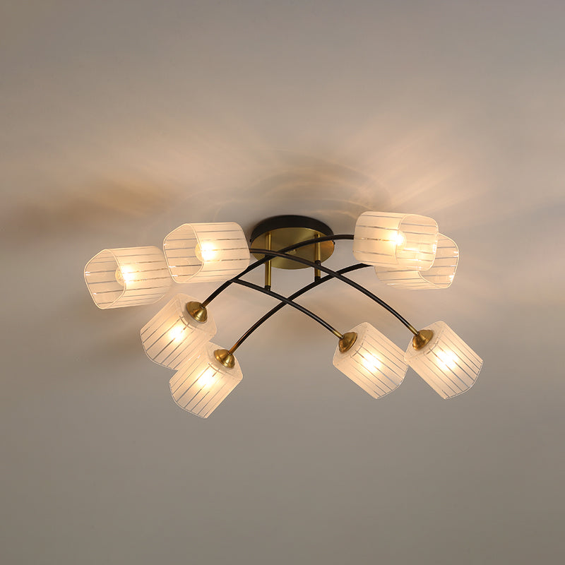 Brass Cuboid Semi-Flush Ceiling Light Post Modern 6/8-Light Frosted Glass Flush Mounted Lamp Clearhalo 'Ceiling Lights' 'Close To Ceiling Lights' 'Close to ceiling' 'Glass shade' 'Glass' 'Island Lights' 'Semi-flushmount' Lighting' 758860