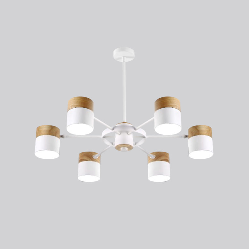 Splicing Cylinder Rotatable Chandelier Macaron Iron 6 Heads Bedroom Ceiling Hanging Light with Burst Arm in Yellow/Grey/White-Wood Clearhalo 'Ceiling Lights' 'Chandeliers' 'Modern Chandeliers' 'Modern' Lighting' 759810