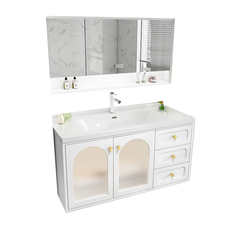 Glam Sink Vanity Single White Rectangular Ceramic Top Bathroom Vanity Vanity & Faucet & Mirror Cabinet https: res.litfad.com site img item 2023 02 02 7610730 1200x1200.jpg Clearhalo 'Bathroom Remodel & Bathroom Fixtures' 'Bathroom Vanities' 'bathroom_vanities' 'Home Improvement' 'home_improvement' 'home_improvement_bathroom_vanities' 7610730