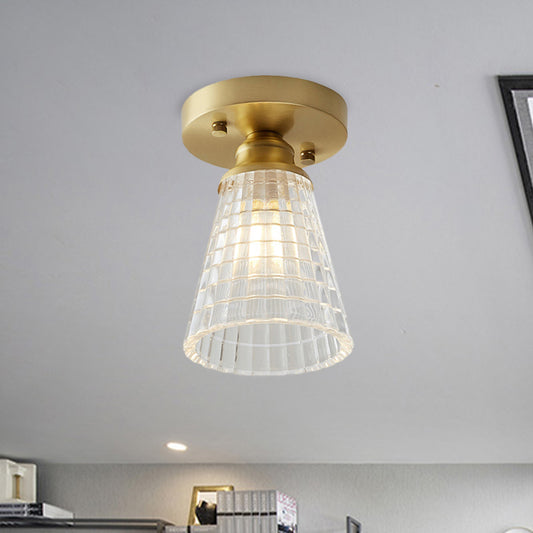 Single Bulb Semi Flush Mount Industrial Cone Clear Textured Glass Ceiling Light in Brass for Living Room Clearhalo 'Ceiling Lights' 'Close To Ceiling Lights' 'Close to ceiling' 'Flush mount' 'Industrial Flush Mount' Lighting' 767253