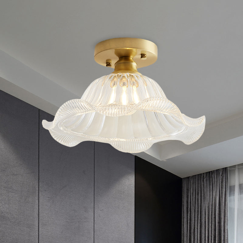 Scalloped Living Room Semi Flush Industrial Textured Glass One Light Brass Ceiling Light Clearhalo 'Ceiling Lights' 'Close To Ceiling Lights' 'Close to ceiling' 'Glass shade' 'Glass' 'Pendant Lights' 'Semi-flushmount' Lighting' 767279