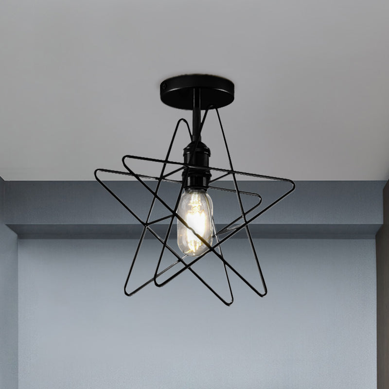 1 Bulb Star Cage Semi Flush Light Industrial Vintage Black/Gold Metallic Semi Flush Mount Lighting for Corridor Clearhalo 'Ceiling Lights' 'Close To Ceiling Lights' 'Close to ceiling' 'Semi-flushmount' Lighting' 768039