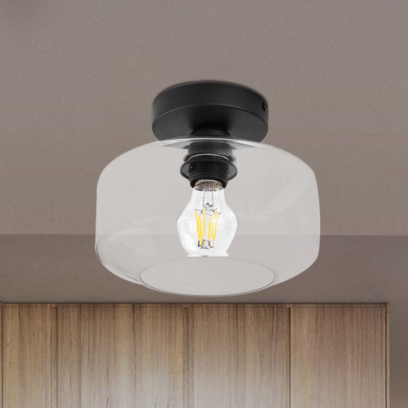 1 Light Drum Shade Semi Flush Light Industrial Black Clear/Amber Glass Ceiling Mount for Foyer Clearhalo 'Ceiling Lights' 'Close To Ceiling Lights' 'Close to ceiling' 'Flush mount' 'Industrial Flush Mount' Lighting' 768716