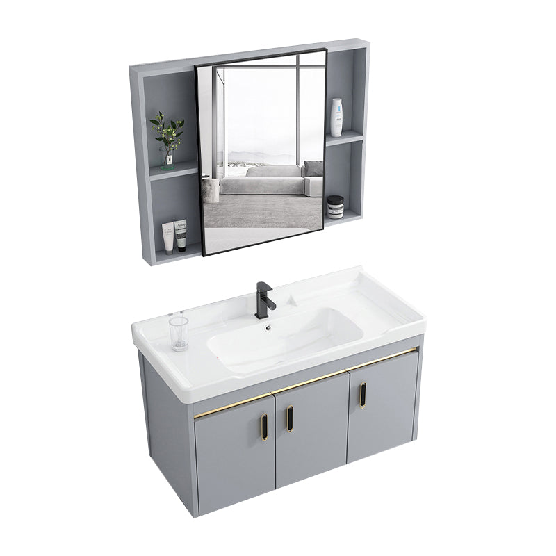 2 Doors Vanity Grey Mirror Wall Mounted Metal Frame Rectangular Glam Vanity with Faucet Vanity & Faucet & Mirror Cabinet Clearhalo 'Bathroom Remodel & Bathroom Fixtures' 'Bathroom Vanities' 'bathroom_vanities' 'Home Improvement' 'home_improvement' 'home_improvement_bathroom_vanities' 7692379