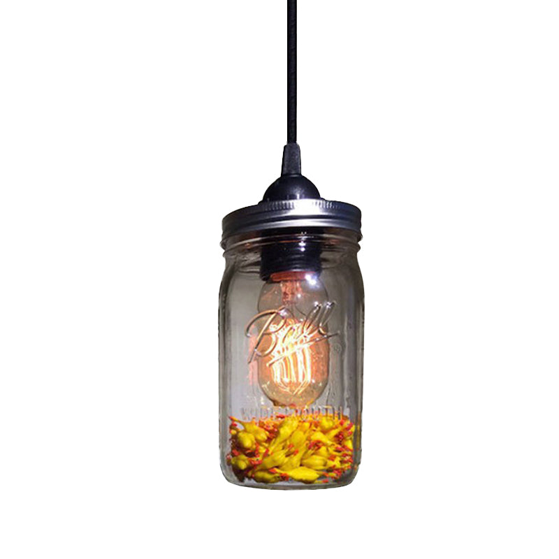 1-Light Pendant Lighting Modern Caged Mason Jar Blown Glass Hanging Ceiling Light in Red/Green/Amber Clearhalo 'Ceiling Lights' 'Glass shade' 'Glass' 'Industrial Pendants' 'Industrial' 'Island Lights' 'Middle Century Pendants' 'Pendant Lights' 'Pendants' 'Tiffany' Lighting' 770892
