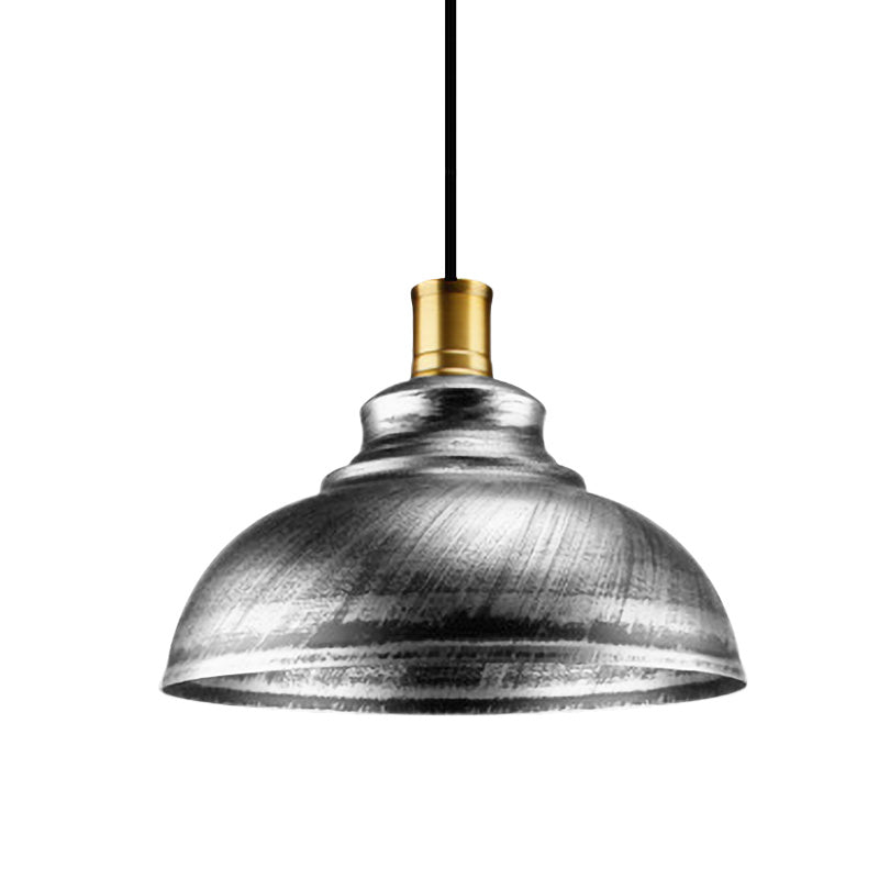 Wrought Iron Dome Suspended Lamp Antique Style 12"/14" W 1 Head Restaurant Hanging Light in Silver/Bronze/Rust Clearhalo 'Art Deco Pendants' 'Cast Iron' 'Ceiling Lights' 'Ceramic' 'Crystal' 'Industrial Pendants' 'Industrial' 'Metal' 'Middle Century Pendants' 'Pendant Lights' 'Pendants' 'Tiffany' Lighting' 773579