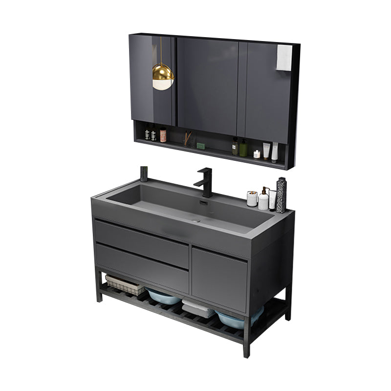 Bathroom Vanity Faucet Grey Wood Frame Mirror 2 Drawers Rectangular Single Sink Vanity Vanity & Faucet & Mirror Cabinet https: res.litfad.com site img item 2023 03 12 7769997 1200x1200.jpg Clearhalo 'Bathroom Remodel & Bathroom Fixtures' 'Bathroom Vanities' 'bathroom_vanities' 'Home Improvement' 'home_improvement' 'home_improvement_bathroom_vanities' 7769997