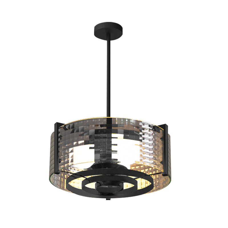 Black 3-Head Semi Flush Mount Light Vintage Clear Trellis/Stripe Glass Drum Ceiling Lamp Fixture Clearhalo 'Ceiling Lights' 'Close To Ceiling Lights' 'Close to ceiling' 'Semi-flushmount' Lighting' 782045