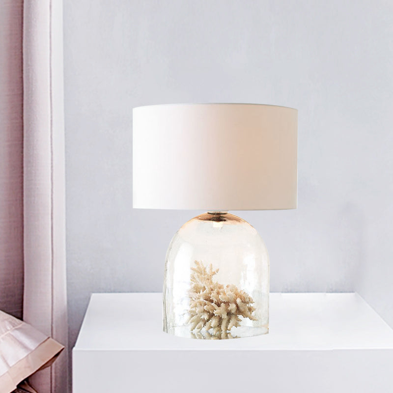 Bell Bedroom Night Lamp Countryside Clear Glass 1-Light White Fabric Nightstand Light Clearhalo 'Lamps' 'Table Lamps' Lighting' 784474