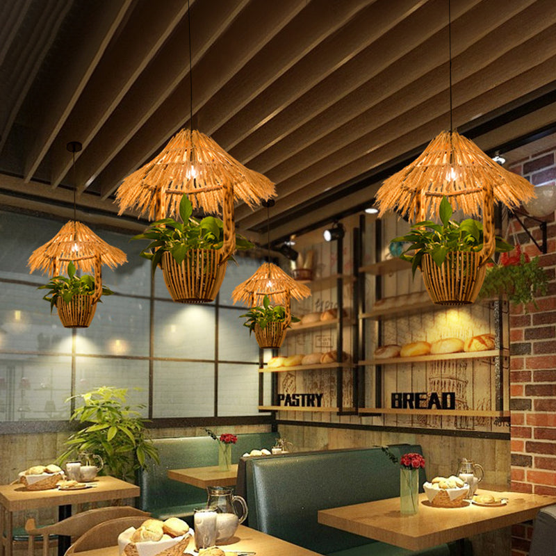 plant hanging lights 1 Head Rattan Pendant Lighting Industrial Brown Hut Plant Pot Restaurant Pendulum Light