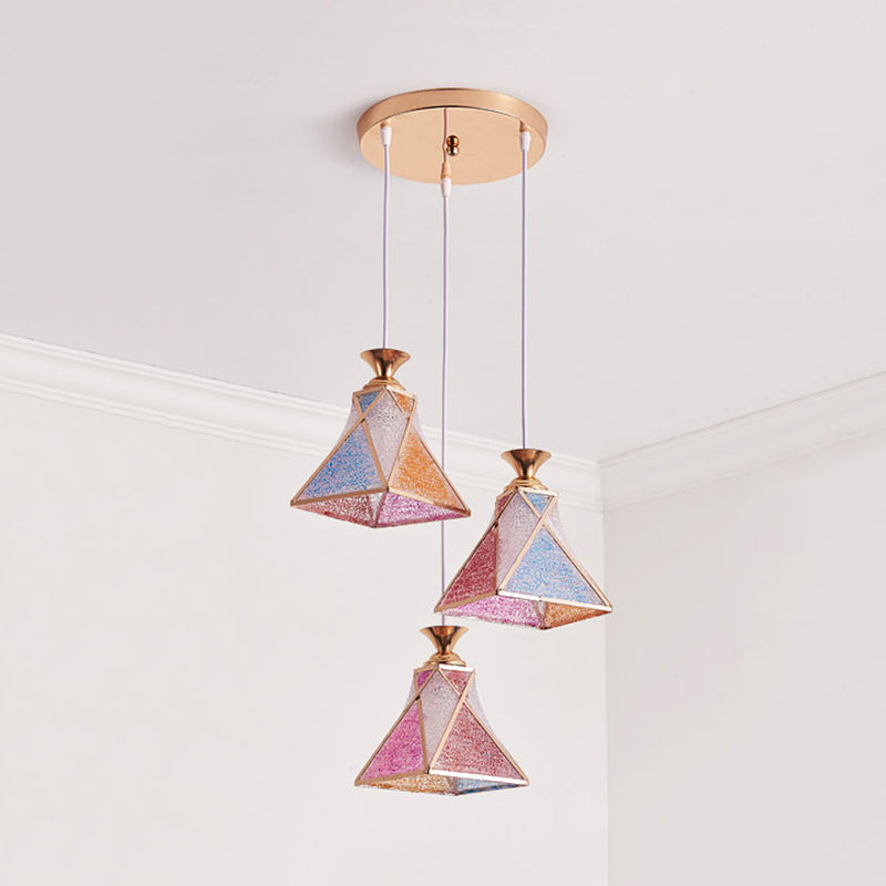 3-Head Dining Room Multiple Hanging Light Modern Stylish Rose Gold Pendant Lamp with Pyramidal Gradient Pink Glass Shade Clearhalo 'Ceiling Lights' 'Close To Ceiling Lights' 'Glass shade' 'Glass' 'Modern Pendants' 'Modern' 'Pendant Lights' 'Pendants' Lighting' 786870