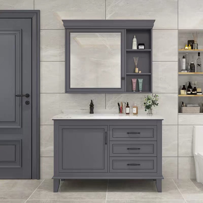 Modern Gray Sink Vanity Freestanding Wooden Bathroom Vanity with Drawers Vanity & Faucet & Mirror Cabinet 47.2"L x 21.7"W x 32.7"H Clearhalo 'Bathroom Remodel & Bathroom Fixtures' 'Bathroom Vanities' 'bathroom_vanities' 'Home Improvement' 'home_improvement' 'home_improvement_bathroom_vanities' 7871962