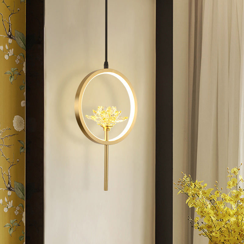 Minimalistic Lotus Pendant Lamp Crystal LED Hanging Light Fixture with Ring Arm in Gold Clearhalo 'Ceiling Lights' 'Modern Pendants' 'Modern' 'Pendant Lights' 'Pendants' Lighting' 787928