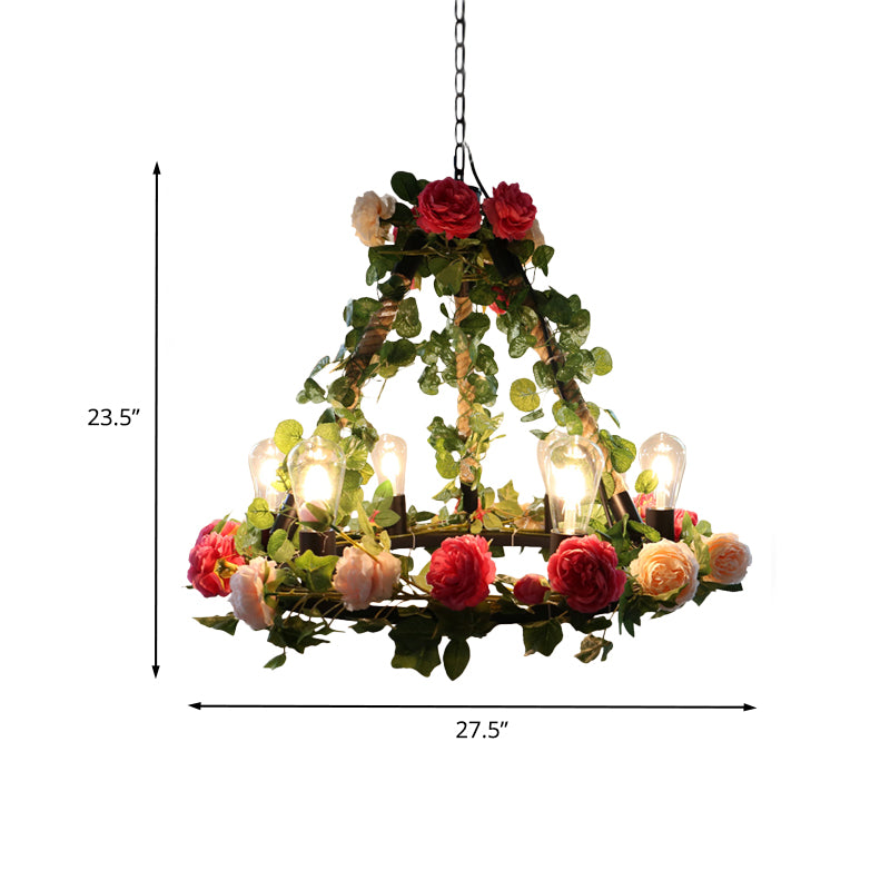 6 Lights Exposed Bulb Chandelier Lamp Loft Style Black Metal Pendant Light Kit with Ring and Artificial Petal Deco Clearhalo 'Cast Iron' 'Ceiling Lights' 'Chandeliers' 'Industrial Chandeliers' 'Industrial' 'Metal' 'Middle Century Chandeliers' 'Rustic Chandeliers' 'Tiffany' Lighting' 790195