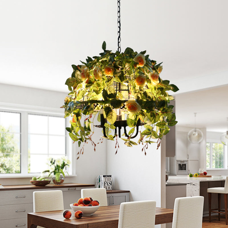 Dome Cage Dining Room Chandelier Factory Metal 3-Light Red/Pink Drop Pendant with Fake Blossom Deco Clearhalo 'Cast Iron' 'Ceiling Lights' 'Chandeliers' 'Industrial Chandeliers' 'Industrial' 'Metal' 'Middle Century Chandeliers' 'Rustic Chandeliers' 'Tiffany' Lighting' 790220