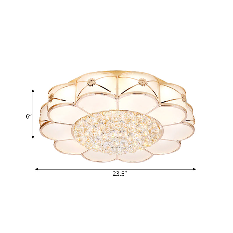 Gold LED Ceiling Light Modern Frosted Glass Layered Petals Flush Mount Fixture with Crystal Ball Drop Clearhalo 'Ceiling Lights' 'Close To Ceiling Lights' 'Close to ceiling' 'Flush mount' Lighting' 790790