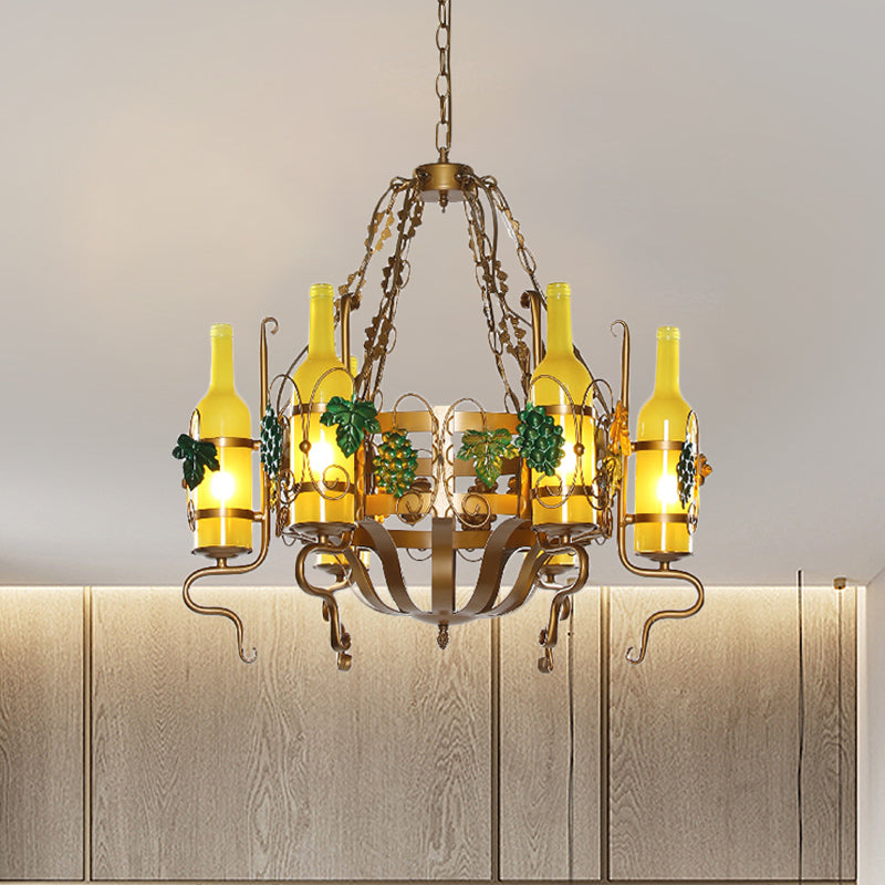 Wine Bottle Bistro Chandelier Light Industrial Yellow Glass 6-Light  Antiqued Brass Pendant Lighting Fixture