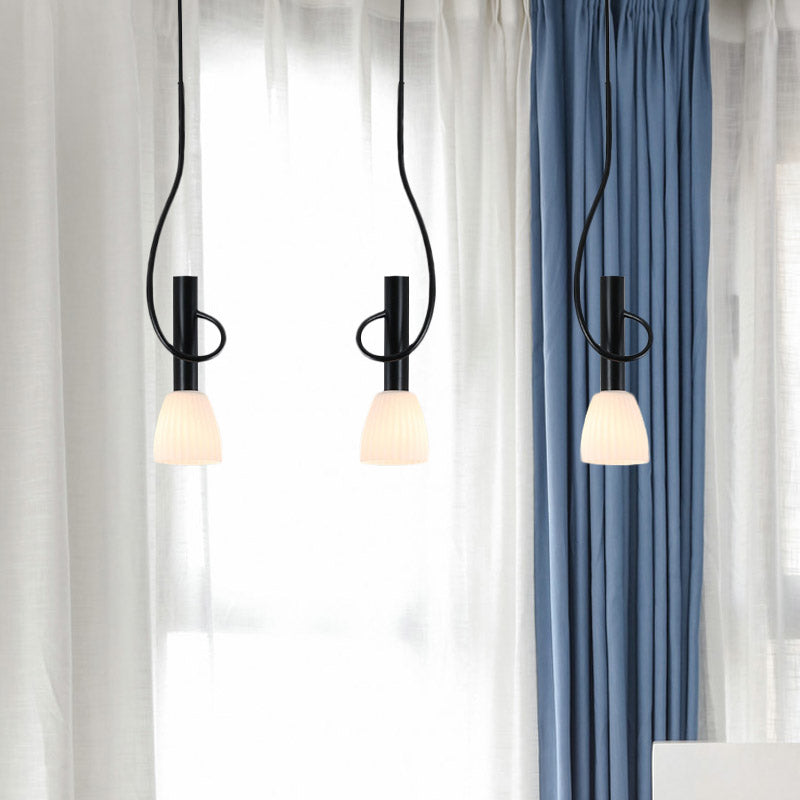 Traditionalism Bud Cluster Pendant 3/6 Heads Opal Glass Hanging Lamp in Black with Round/Linear Canopy Clearhalo 'Ceiling Lights' 'Chandeliers' 'Close To Ceiling Lights' 'Glass shade' 'Glass' 'Pendant Lights' 'Pendants' Lighting' 808597