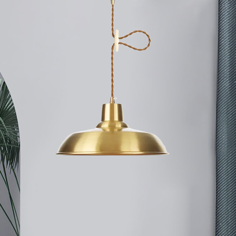 1-Bulb Ceiling Pendant Warehouse Barn Shade Metallic Adjustable Suspension Lighting in Gold Clearhalo 'Art Deco Pendants' 'Cast Iron' 'Ceiling Lights' 'Ceramic' 'Crystal' 'Industrial Pendants' 'Industrial' 'Metal' 'Middle Century Pendants' 'Pendant Lights' 'Pendants' 'Tiffany' Lighting' 808788