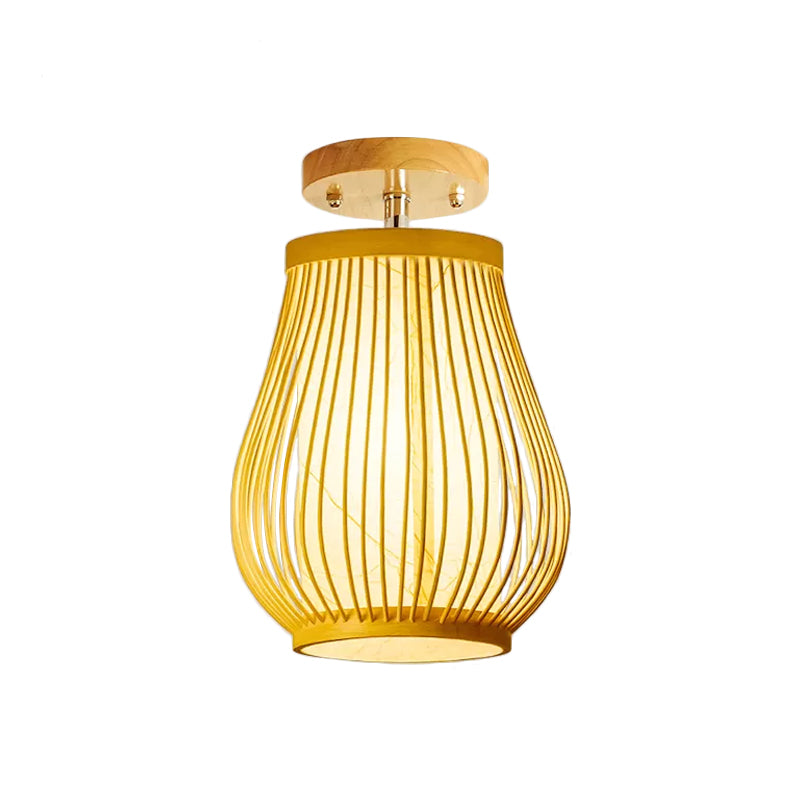 Asia 1 Head Ceiling Mounted Light Wood Pear/Globe Semi Flush Light Fixture with Bamboo Cage and Inner Cylindrical Shade Clearhalo 'Ceiling Lights' 'Close To Ceiling Lights' 'Close to ceiling' 'Semi-flushmount' Lighting' 809247