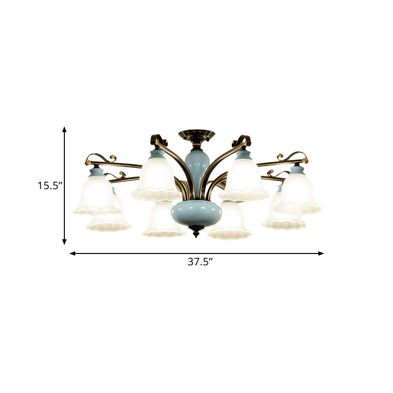 Flower White Glass Semi-Flush Ceiling Light Traditional 6/8 Heads Bedroom Flush Mounted Lamp Clearhalo 'Ceiling Lights' 'Close To Ceiling Lights' 'Close to ceiling' 'Glass shade' 'Glass' 'Semi-flushmount' Lighting' 816707