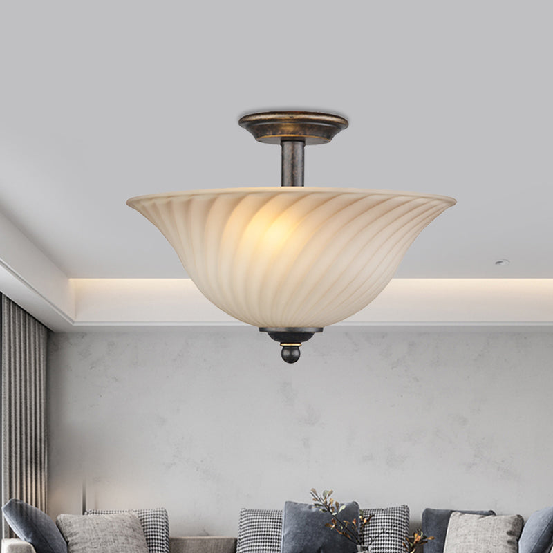 3-Head White Glass Semi Flush Light Countryside Bronze Curved Bedroom Flush Mount Lighting Clearhalo 'Ceiling Lights' 'Close To Ceiling Lights' 'Close to ceiling' 'Glass shade' 'Glass' 'Semi-flushmount' Lighting' 816864
