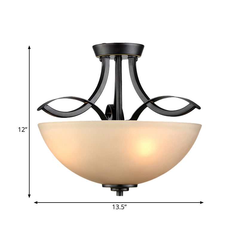 Frosted Glass Black Semi Flush Bowl 3-Bulb Rustic Ceiling Flush Mount Light for Bedroom Clearhalo 'Ceiling Lights' 'Close To Ceiling Lights' 'Close to ceiling' 'Glass shade' 'Glass' 'Semi-flushmount' Lighting' 816874