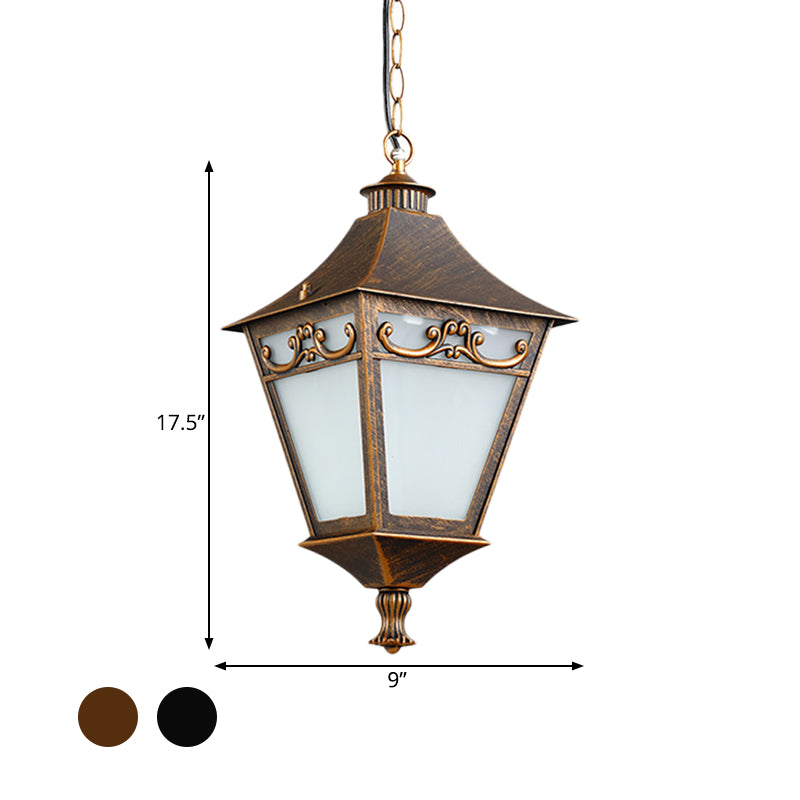 Black/Bronze 1 Bulb Drop Pendant Rustic White Glass Lantern Hanging Ceiling Light for Corridor Clearhalo 'Ceiling Lights' 'Glass shade' 'Glass' 'Pendant Lights' 'Pendants' Lighting' 817527