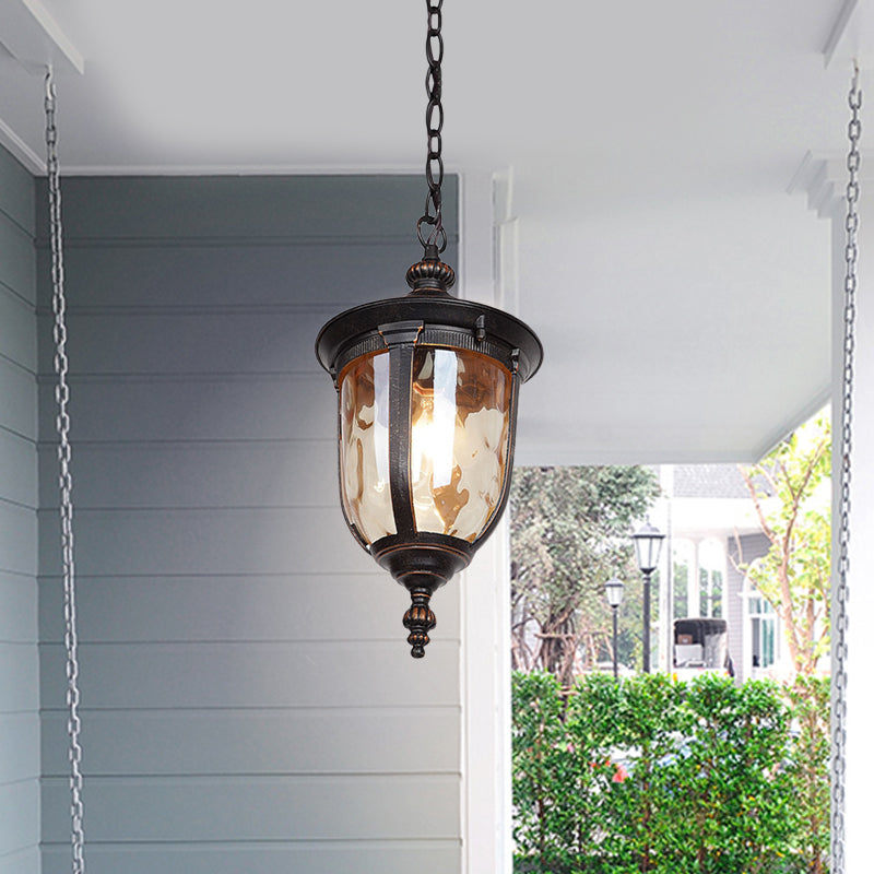 Urn Shape Amber Dimpled Glass Ceiling Light Country 1-Head Hallway Pendant Lighting Fixture in Black Clearhalo 'Ceiling Lights' 'Glass shade' 'Glass' 'Pendant Lights' 'Pendants' Lighting' 817553