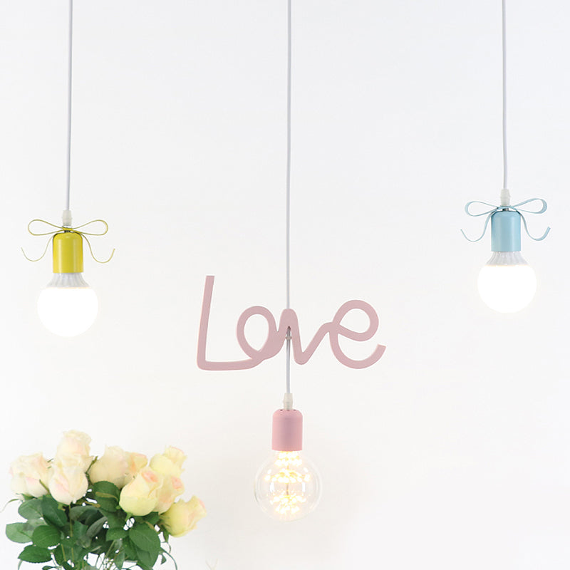 Bare Bulb Resin Cluster Pendant Macaroon 3-Light Red-Yellow-Blue Ceiling Light with Bow and Letter Design Clearhalo 'Ceiling Lights' 'Pendant Lights' 'Pendants' Lighting' 819455