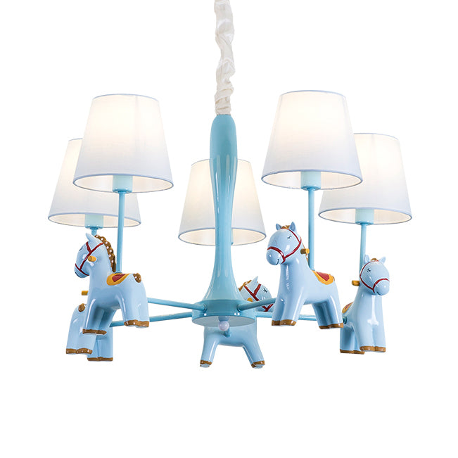 Nordic Tapered Shade Hanging Ceiling Lamp with Horse Fabric Chandelier for Living Room 5 Blue Clearhalo 'Ceiling Lights' 'Chandeliers' Lighting' options 82462_c3a7dac4-2945-4ce5-ad18-1680c033bc8e