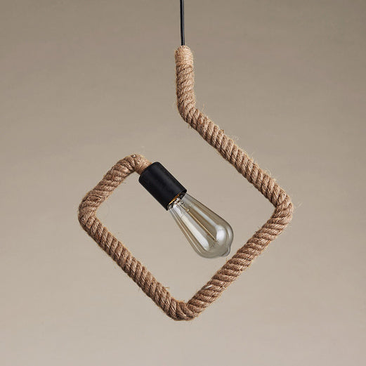 1 Light Triangle/Round Frame Hanging Lamp Vintage Black Finish Hemp Rope Suspension Lamp Clearhalo 'Ceiling Lights' 'Industrial Pendants' 'Industrial' 'Middle Century Pendants' 'Pendant Lights' 'Pendants' 'Tiffany' Lighting' 85219