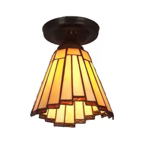 Stained Glass Ceiling Light, Mini Coolie Semi Flush Mount Light for Hallway Tiffany Style, H8" x D6" Clearhalo 'Ceiling Lights' 'Close To Ceiling Lights' 'Close to ceiling' 'Glass shade' 'Glass' 'Pendant Lights' 'Semi-flushmount' 'Tiffany close to ceiling' 'Tiffany' Lighting' 85278