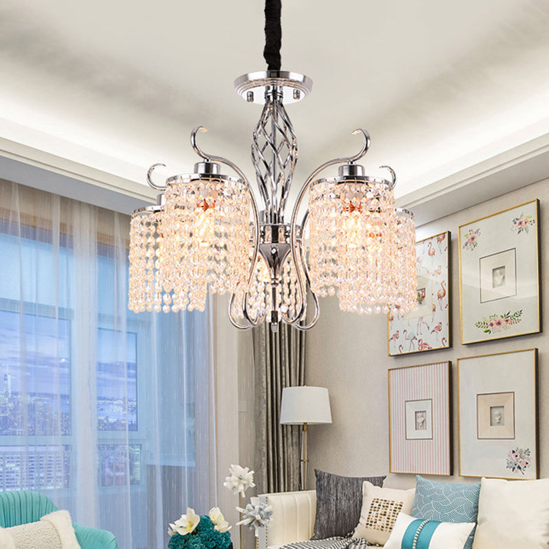 Chrome 3/5-Head Hanging Pendant Light Modern Crystal Strand Cylindrical Chandelier Lamp Clearhalo 'Ceiling Lights' 'Chandeliers' 'Modern Chandeliers' 'Modern' Lighting' 862786