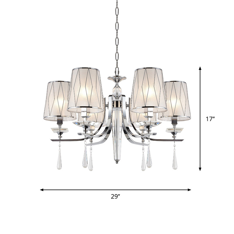 Fabric Chrome Hanging Chandelier Cone 6 Lights Contemporary Pendant Light with Crystal Draping Clearhalo 'Ceiling Lights' 'Chandeliers' 'Modern Chandeliers' 'Modern' Lighting' 863445