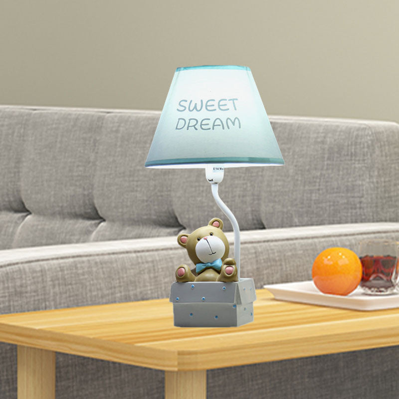 Bear Desk Light Cartoon Resin Single Bedroom Nightstand Lamp with Cone Fabric Shade in Pink/Blue Clearhalo 'Lamps' 'Table Lamps' Lighting' 863657