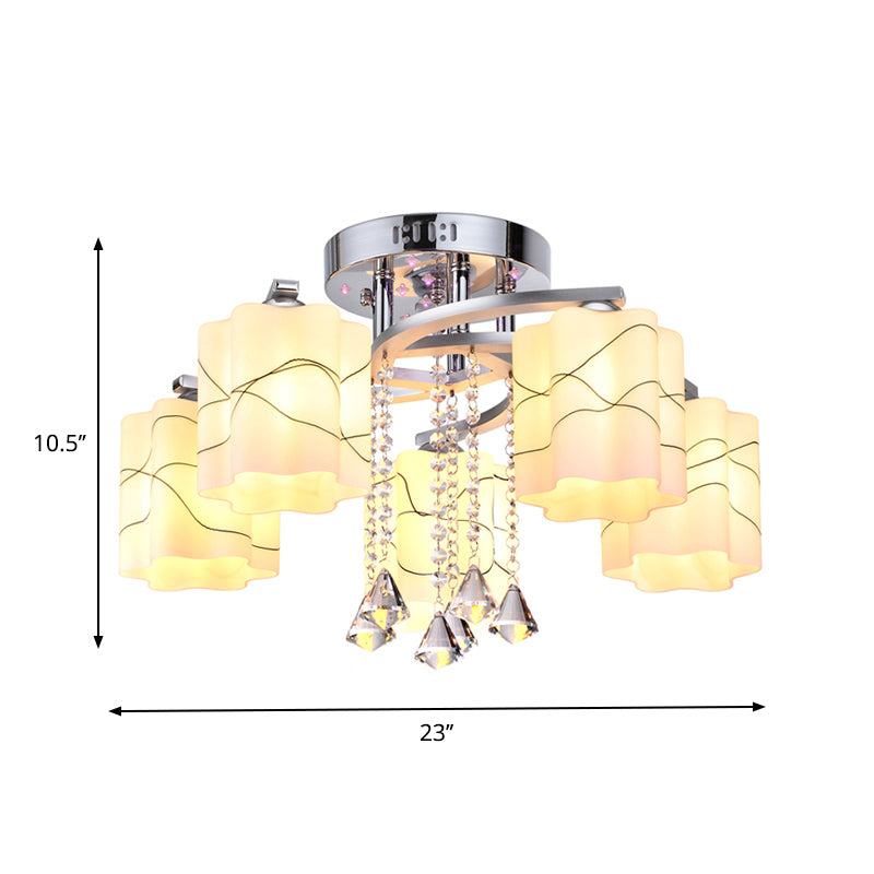 Chrome 3/5 Bulbs Ceiling Flush Simple Frosted Glass Scalloped Semi Flush Mount with Crystal Drop Clearhalo 'Ceiling Lights' 'Close To Ceiling Lights' 'Close to ceiling' 'Semi-flushmount' Lighting' 874692