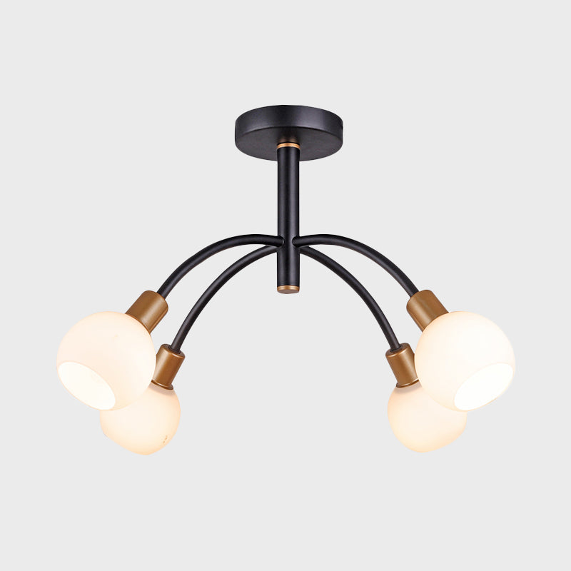 Modo Opal Glass Semi Flush Lighting Minimalism 4/6 Bulbs Black Flush Ceiling Lamp with Arced Arm Clearhalo 'Ceiling Lights' 'Close To Ceiling Lights' 'Close to ceiling' 'Glass shade' 'Glass' 'Island Lights' 'Pendant Lights' 'Semi-flushmount' Lighting' 875413