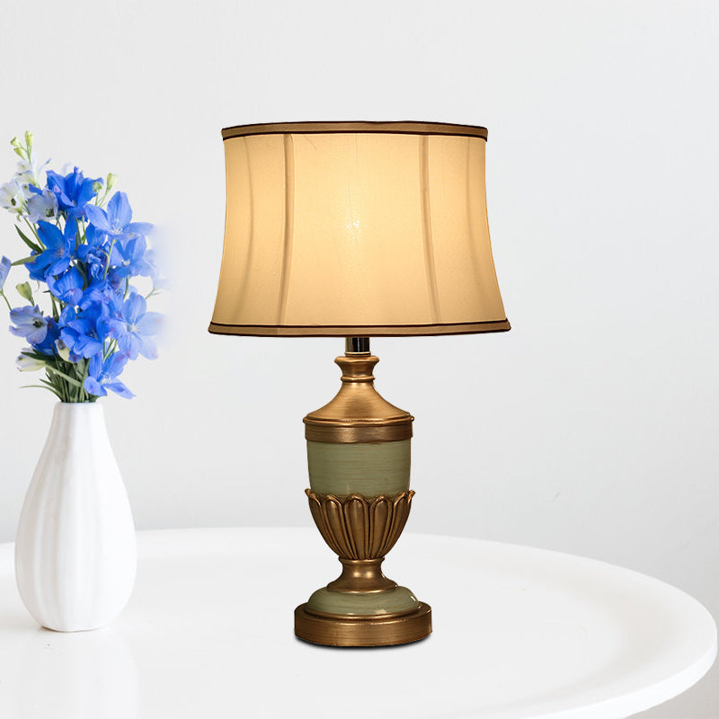 Vintage Drum Shaped Desk Lighting 1 Head Fabric Night Table Lamp with Black/Brown/Green Pot Base Clearhalo 'Lamps' 'Table Lamps' Lighting' 875653