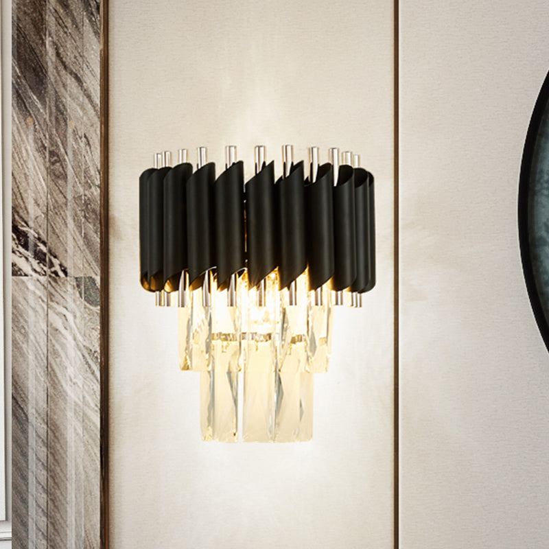 Contemporary Layered Wall Lighting 2-Light Clear K9 Crystal Wall Sconce Light Fixture in Black Clearhalo 'Cast Iron' 'Glass' 'Industrial' 'Modern wall lights' 'Modern' 'Tiffany' 'Traditional wall lights' 'Wall Lamps & Sconces' 'Wall Lights' Lighting' 886240