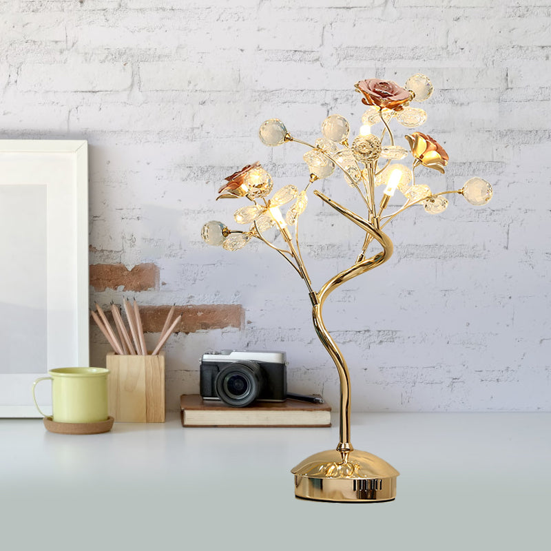 White/Pink Floret Table Lighting Pastoral Style Crystal 3 Heads Lounge Night Lamp with Ceramic Accent Clearhalo 'Lamps' 'Table Lamps' Lighting' 886289