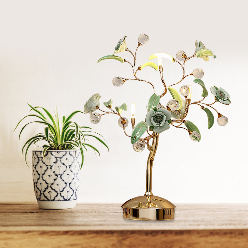 3-Bulb Flower Tree Night Lamp Korean Garden White/Red/Green Ceramic Table Light with Gold Stem Clearhalo 'Lamps' 'Table Lamps' Lighting' 886309