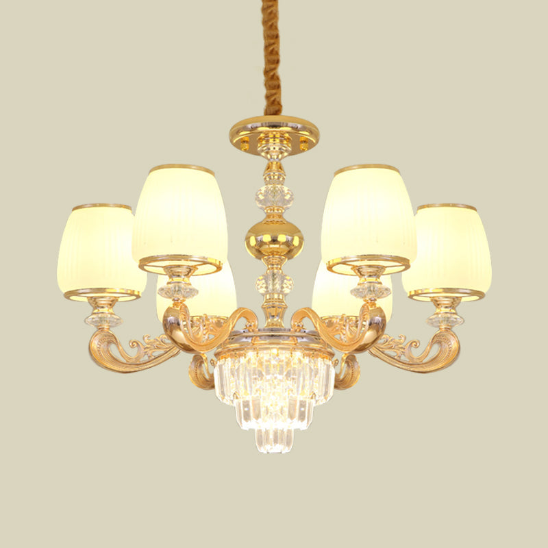 Carved Arm Bedroom Chandelier Modernism Milk Glass 6 Bulbs Gold Crystal Hanging Light Clearhalo 'Ceiling Lights' 'Chandeliers' 'Modern Chandeliers' 'Modern' Lighting' 888877