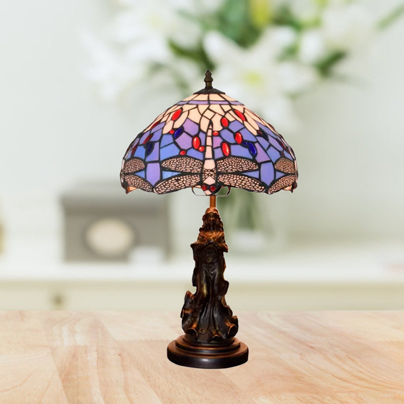 Mediterranean Dragonfly-Flower Table Lamp Single Blue/Yellow/Blue-White Night Stand Light with Angel Pedestal Clearhalo 'Lamps' 'Table Lamps' Lighting' 889448