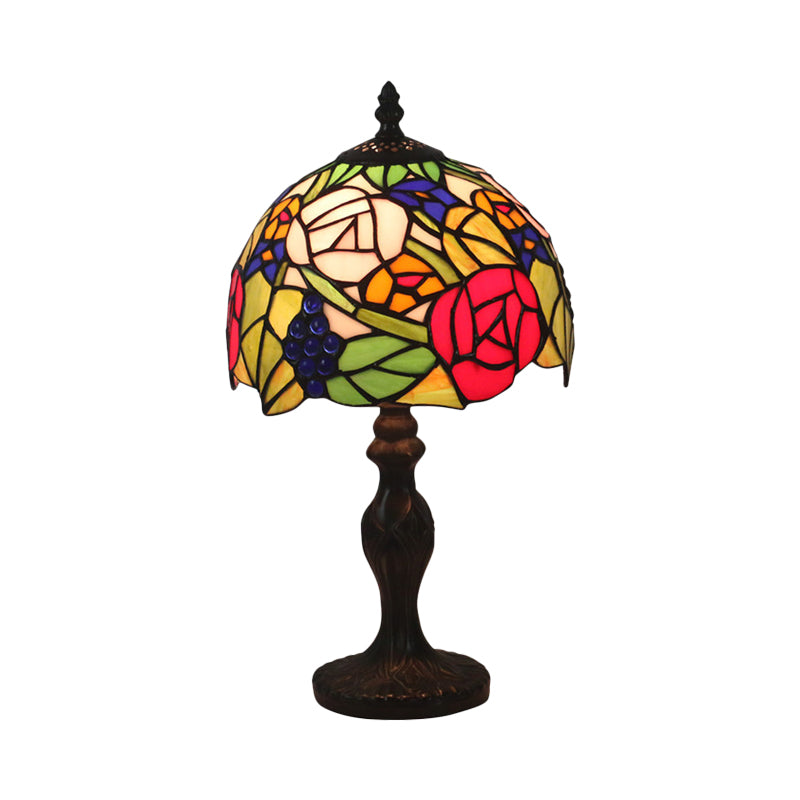 1-Light Domed Night Lighting Tiffany Style Bronze Stained Art Glass Rose Patterned Desk Light Clearhalo 'Lamps' 'Table Lamps' Lighting' 889959