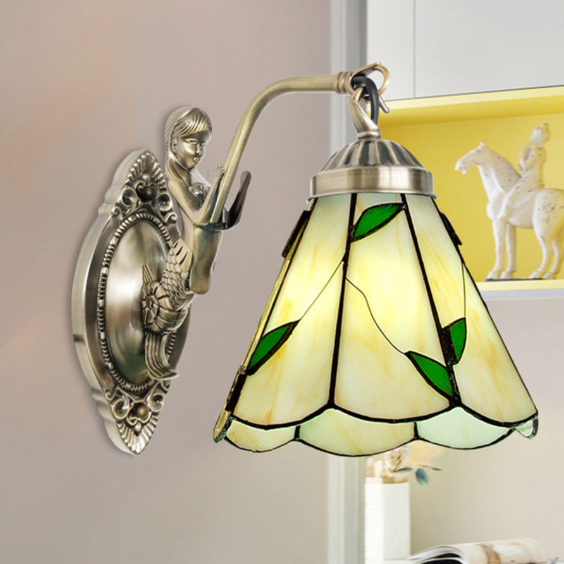 1 Head Conical Wall Sconce Lighting Mission White/Beige Glass Wall Mount Light Fixture with Mermaid Backplate Clearhalo 'Art deco wall lights' 'Cast Iron' 'Glass' 'Industrial' 'Middle century wall lights' 'Modern' 'Tiffany wall lights' 'Tiffany' 'Traditional wall lights' 'Wall Lamps & Sconces' 'Wall Lights' Lighting' 890296